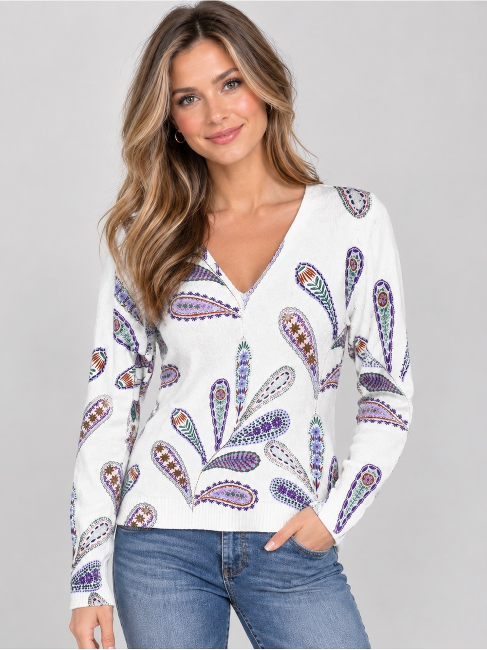 LOFT Paisley Sweater Women’s M White Multicolor Cotton Blend V Neck
